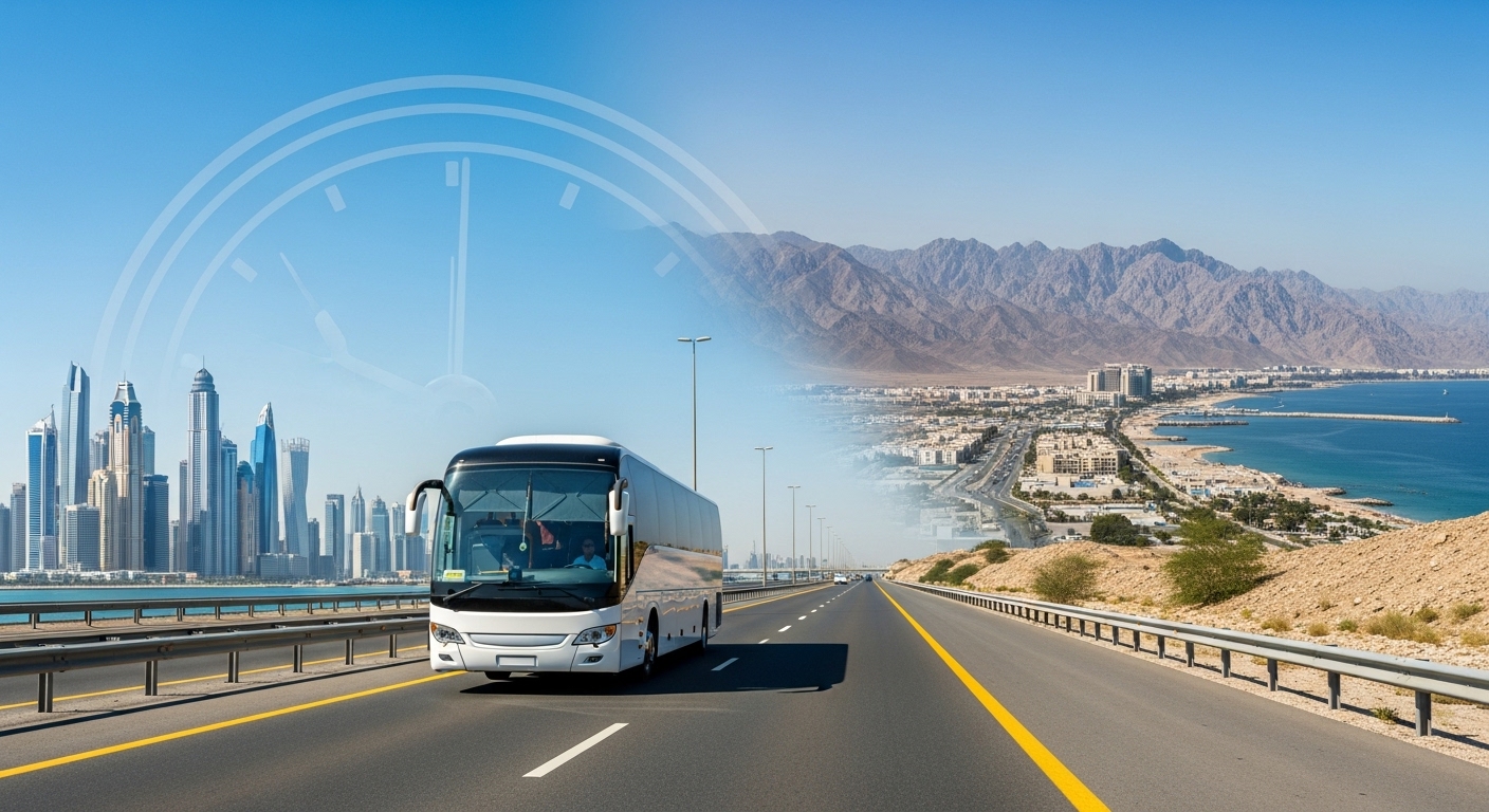 RTA E700 intercity bus traveling between Dubai and Fujairah